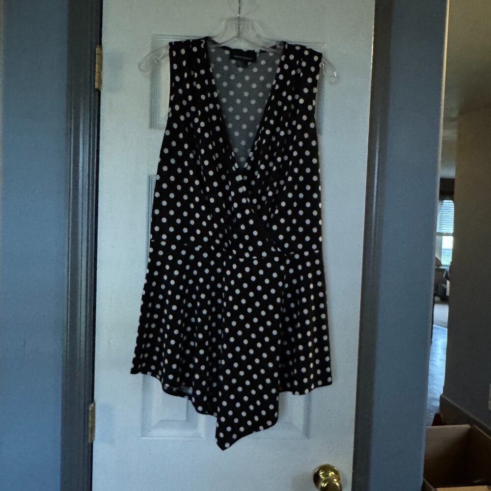 Ashley Stewart Size L(14-16) Black Polka Dot Deep V-neck Dress with V Bottom EUC